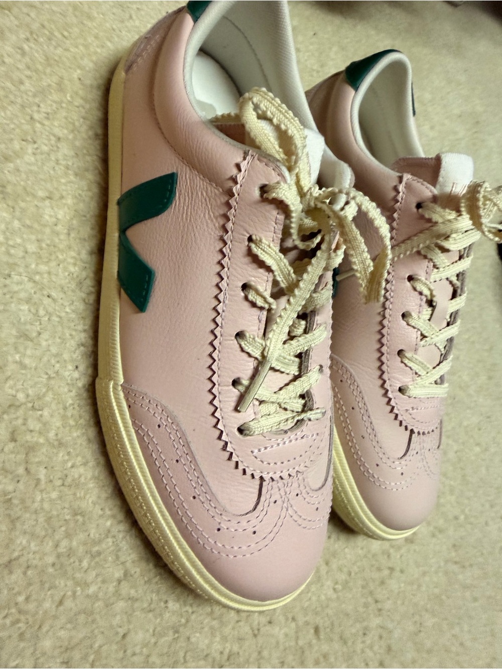 Veja Women Pink Leather Sneakers with Green V Detail